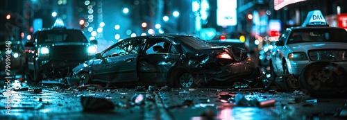 Front of the damaged car with many broken part from the crashing accident. Transportation accident and insurance claim concept. Close-up and selective focus. AI generated illustration