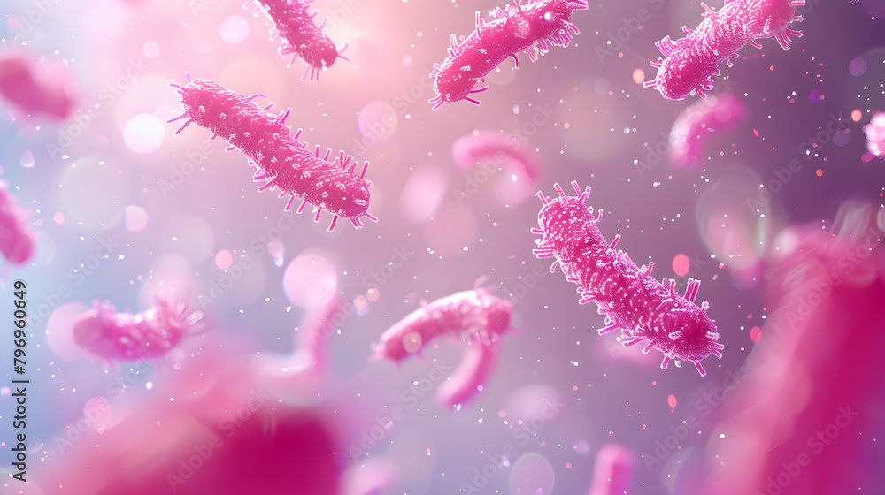 3D rendering of bacteria in pink color flying around each other. The background is blurred with a light rose gradient. giving the whole scene an elegant appearance. 3D rendering of bacteria in pink color flying around each other. The background is blurred with a light rose gradient. giving the whole scene an elegant appearance.