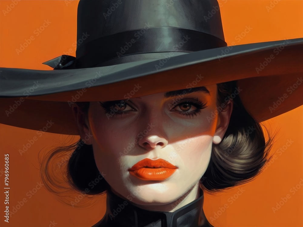 Portrait of a mysterious beautiful young woman in a black hat with red lips. Fashionable glamor fashion makeup. Sensual red lips.