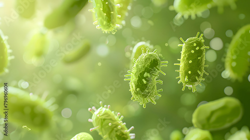3D rendering of bacteria in green color flying around each other. The background is blurred with a light lime gradient. giving the whole scene an elegant appearance. 