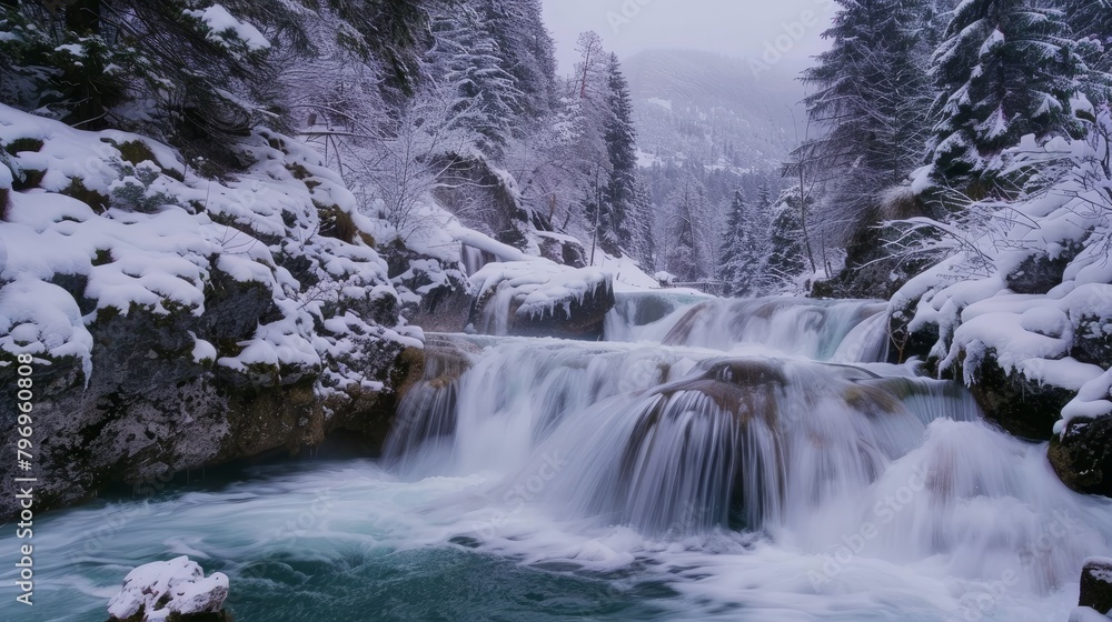 A tranquil depiction of a waterfall flowing through snowy mountains during the peaceful winter season.
A tranquil depiction of a waterfall flowing through snowy mountains during the peaceful winter season.