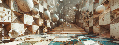 Step into a mesmerizing 3D chamber with mysterious abstract spheres, evoking the essence of an ancient, mystical sanctuary.