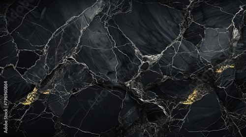 Black marble stone pattern background with slight gold color variations. Black marble floor and wall tile photo
