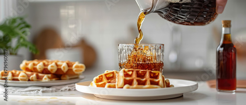 Pouring maple syrup on a stack of waffles photo