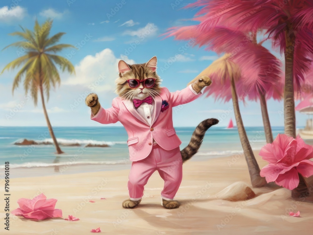 A glamorous cat in a pink suit, hat and sunglasses dances on the beach by the sea. illustration with cartoon cheerful cat on the beach