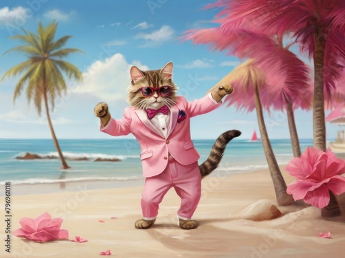 Obraz na płótnie A glamorous cat in a pink suit, hat and sunglasses dances on the beach by the sea. illustration with cartoon cheerful cat on the beach w salonie