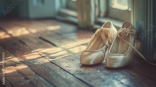 Elegant Ballet Slippers on Dark Wood Floor, generative ai photo