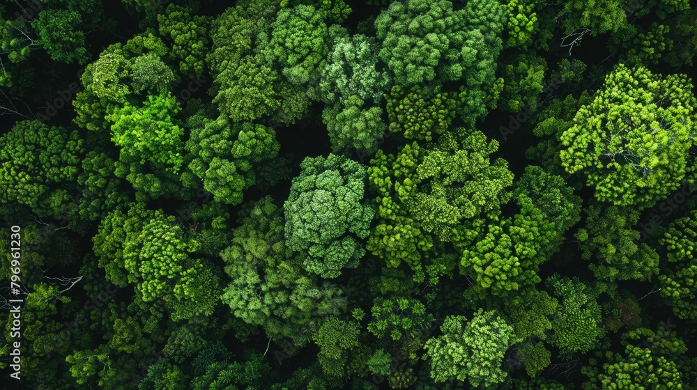 An aerial view showcasing a vibrant green forest, emphasizing the lush, untouched beauty of nature.

