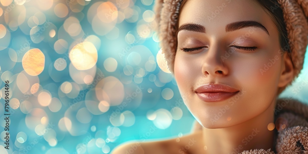 A close up photo of a beautiful young woman closing her eyes relaxing in a massage spa treatment with a bokeh and blurred background with copy space.