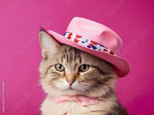 Obraz na płótnie Glamorous cat wearing a hat in the color of the US flag on a pink background. w salonie