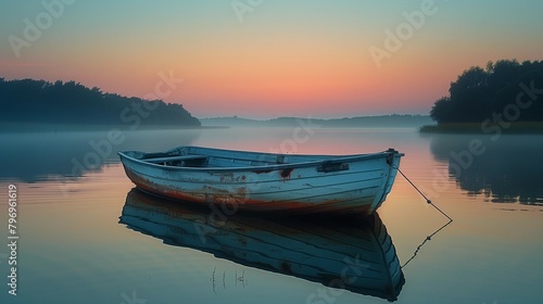 Tranquil Reflections: Aluminum Fishing Boat at Dawn, generative ai