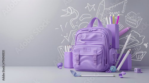 3D representation of a purple pack with school essentials on a gray canvas. back to school or educational theme concept with copy space