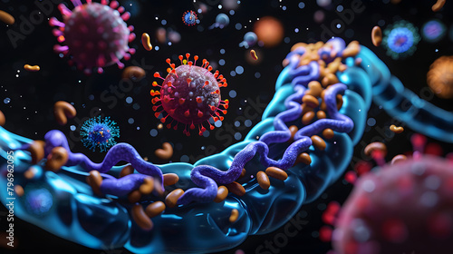 3D representation of the human stomach and leukocytes with bacterial cells illustration. vector idea for healthcare design on a black backdrop.  photo