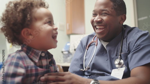 A candid snapshot capturing the moment a doctor shares a light-hearted joke or funny story with a child patient, eliciting laughter and smiles, as they perform routine checks or ex
