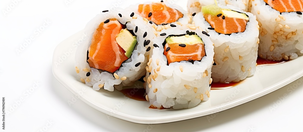 Plate of sushi rolls with dipping sauce Plate of sushi rolls with dipping sauce