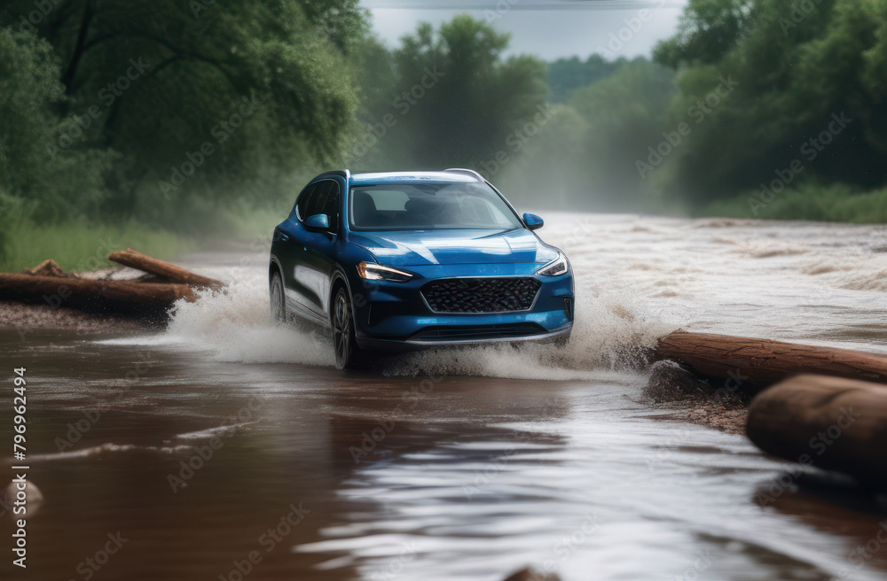 A car moves along a river bed in a raging stream of water during a flood in the forest. A car moves along a river bed in a raging stream of water during a flood in the forest.
