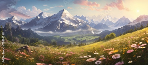 Mountain landscape with horse and flowers