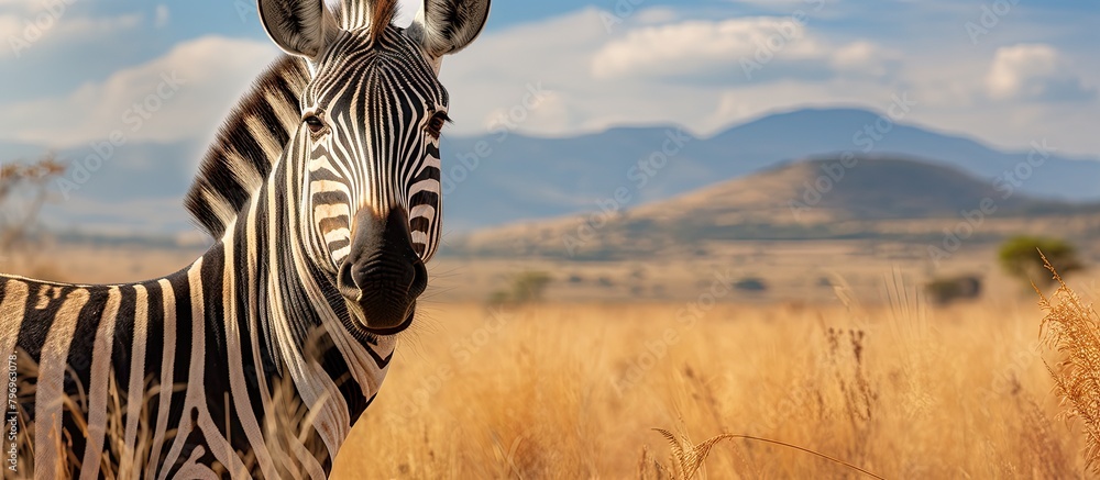 Naklejka premium Zebra standing among tall grass with distant mountains