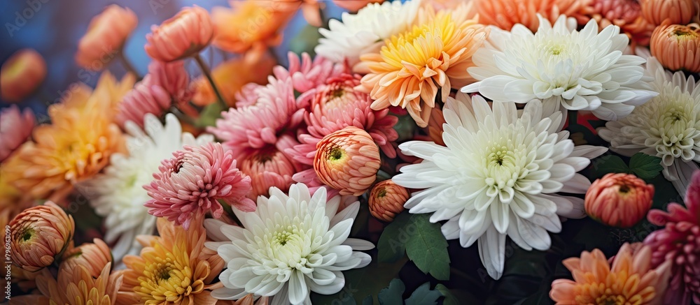 Colorful blooms in vase on table