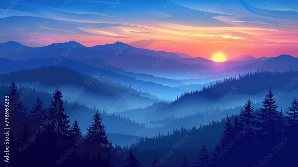 A stunning vector illustration depicts a dark blue mountainous landscape shrouded in mist A stunning vector illustration depicts a dark blue mountainous landscape shrouded in mist