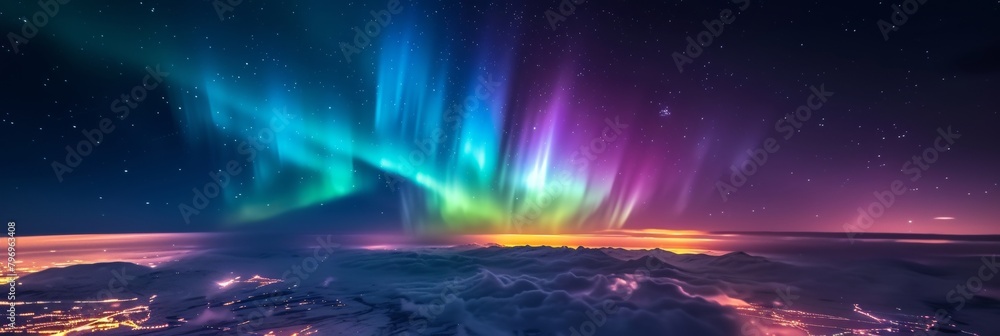 City lights with beautiful aurora northern lights in night sky with snow forest in winter.