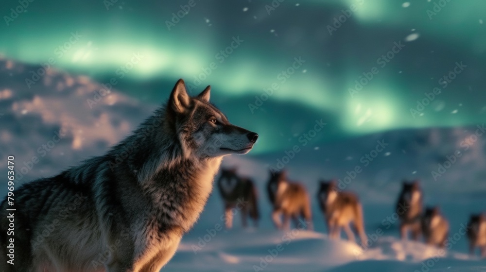 Φωτογραφία Wolves herd in wild snow field with beautiful aurora northern lights in night sky with snow forest in winter