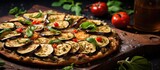 Vegetable pizza on wooden platter with beer glass