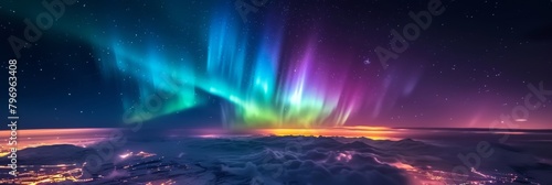 City lights with beautiful aurora northern lights in night sky with snow forest in winter.