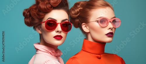 Two women wearing red glasses and bold lipstick pose for a photo photo
