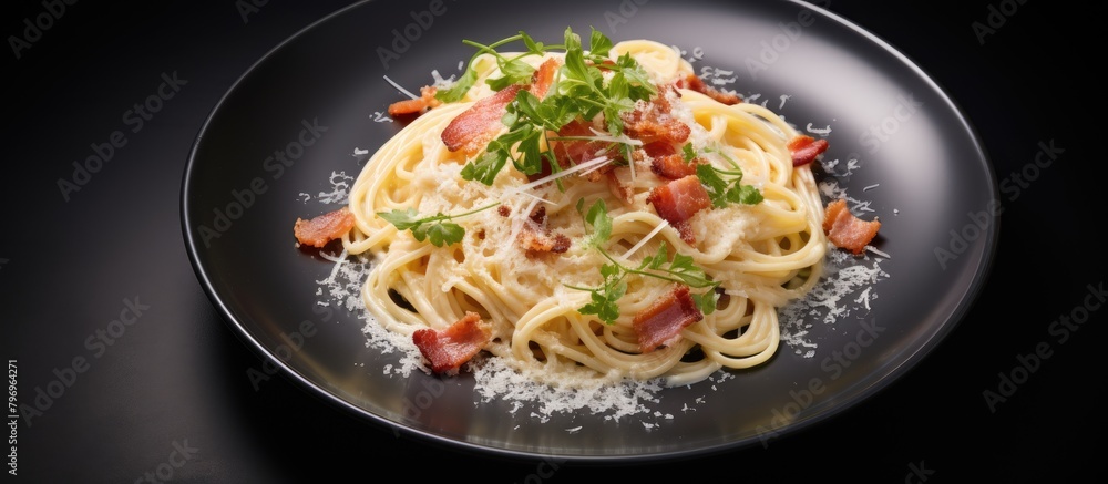 Plate of pasta with bacon and parmesan Plate of pasta with bacon and parmesan