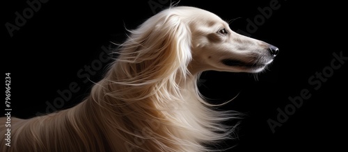 Dog with flowing fur against dark backdrop photo