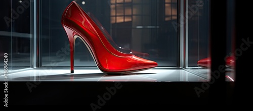 Red stilettos displayed in glass case