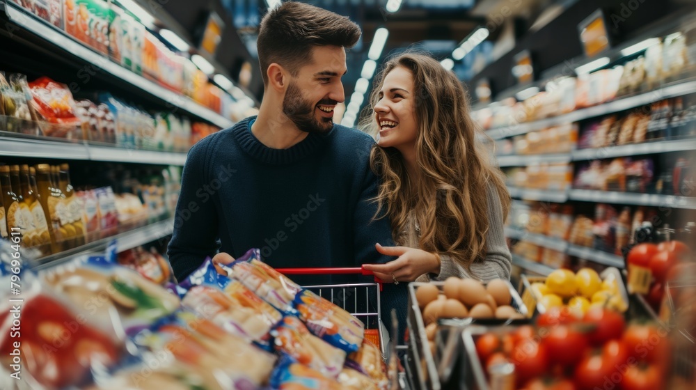 Happy young couple shopping together in a grocery store.