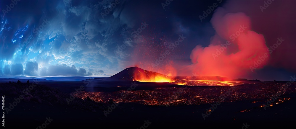 A volcano erupting with molten lava glowing in the sky A volcano erupting with molten lava glowing in the sky