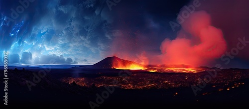 A volcano erupting with molten lava glowing in the sky