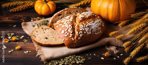 Close-up of a seeded loaf of bread with pumpkin photo