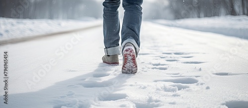 Person trudging through snow wearing shoes photo