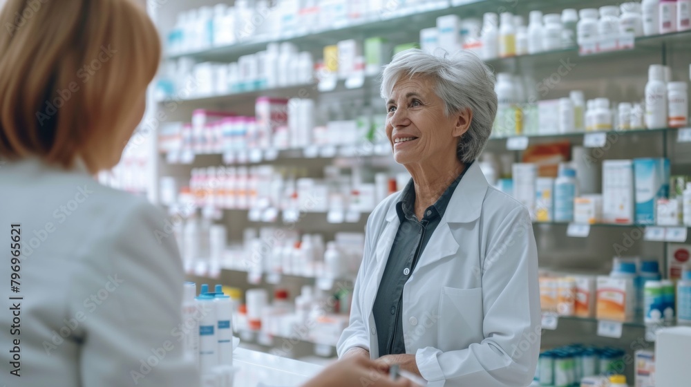 Pharmacist is assisting customer in a drug store Pharmacist is assisting customer in a drug store