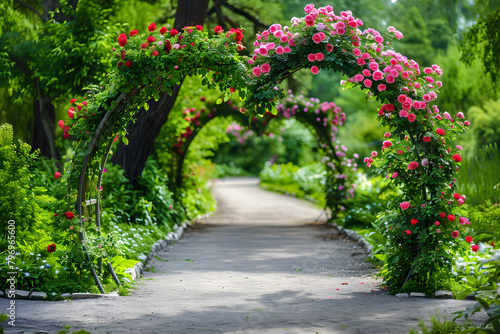 long path with flower gate in the shape of heart