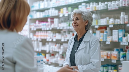 Pharmacist is assisting customer in a drug store