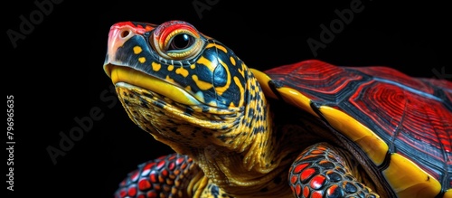 Close-up of turtle on dark backdrop photo