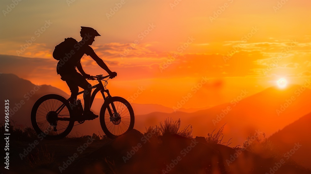 Cyclist Riding Mountain Bike at Sunset on Scenic Trail - ai generative Cyclist Riding Mountain Bike at Sunset on Scenic Trail - ai generative