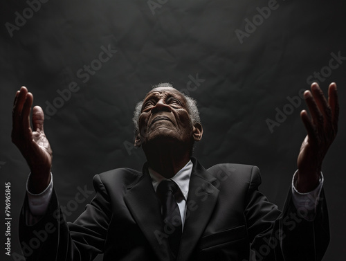 Un vieil homme noir en costume noir lève les bras au ciel, résigné, dans une pièce sombre, enfermement, aliénation par le travail photo