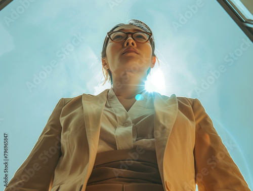 Vue du dessous d'une femme asiatique en costume, cheffe d'entreprise, ingénieure, scientifique, collaboratrice ou salariée d'un grand groupe, sous un ciel éclatant