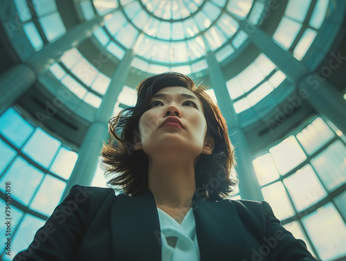 Vue du dessous d'une femme asiatique en costume, cheffe d'entreprise, collaboratrice ou salariée d'un grand groupe, sous une coupole en verre
