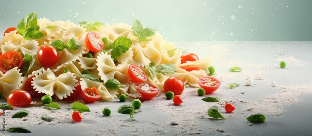 A heap of pasta with fresh tomatoes and basil