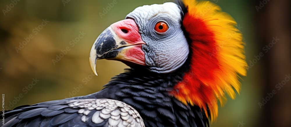 A tall bird with a crimson head, golden beak, and ebony body