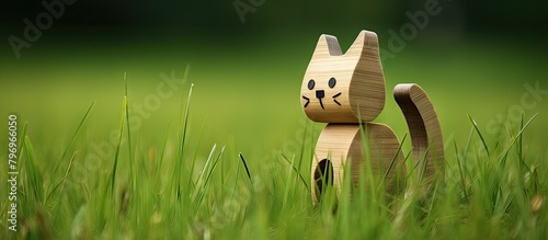 A wooden cat sits on grass