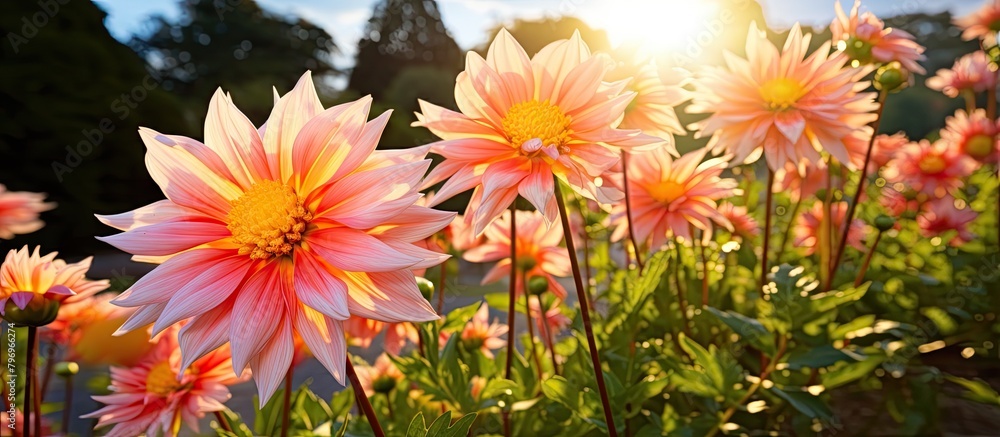 Fototapeta premium Field blossoms under radiant sun rays through cloudy sky