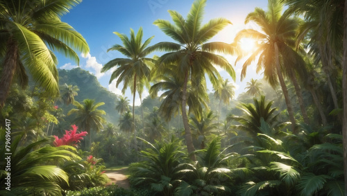 Palm Tree Paradise  Escape to a Tropical Haven with Sunlight Filtering Through Lush Palm Leaves Against a Vibrant Sky.